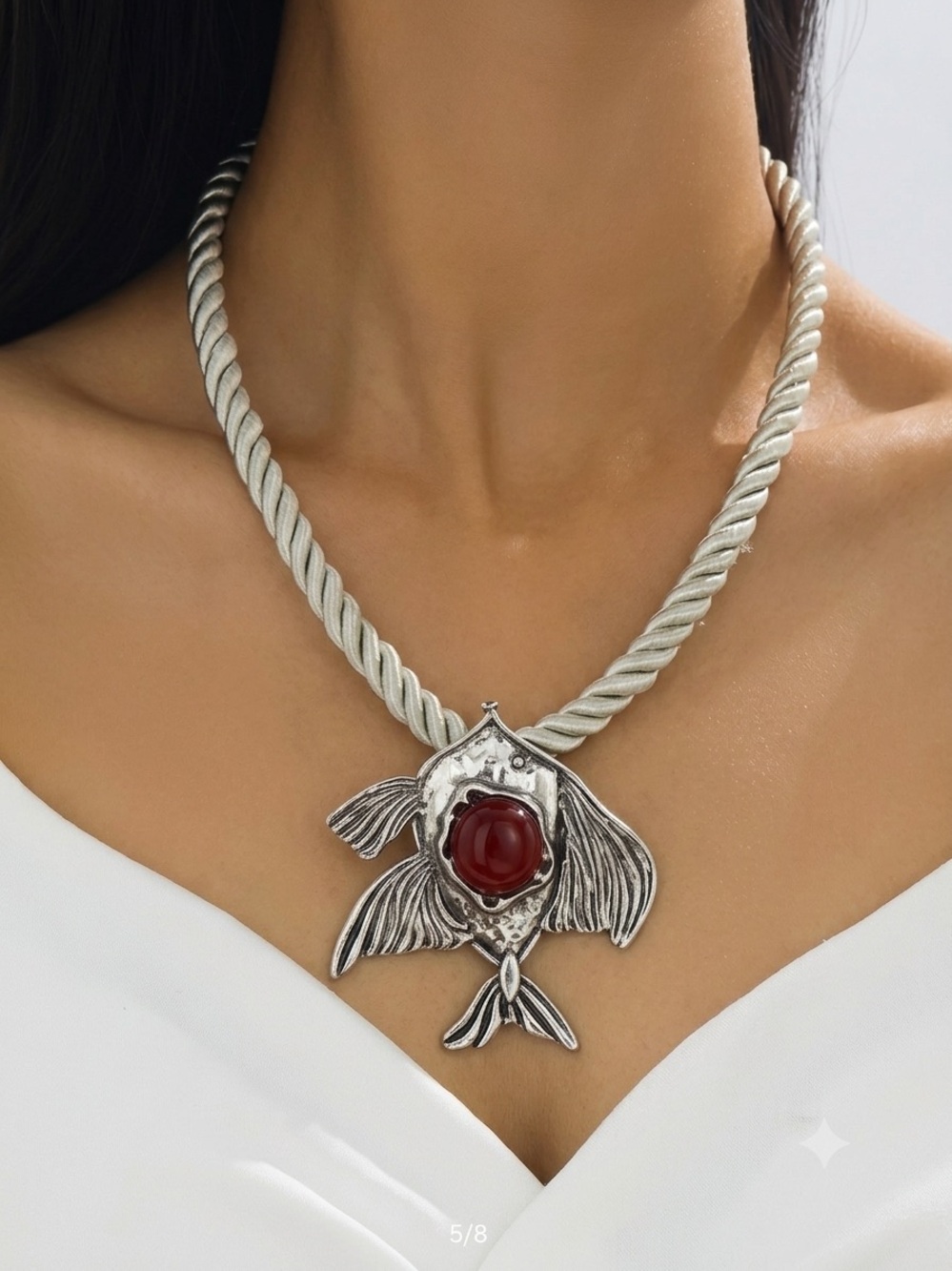 Statement Silver Fish Pendant Necklace with Cream Rope and Red Stone